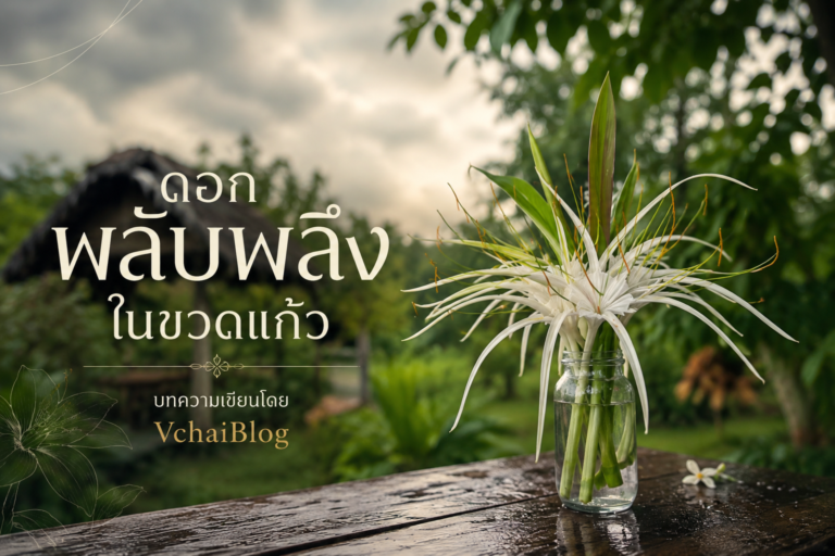 ดอกพลับพลึงสีขาวในขวดแก้ว ท่ามกลางสวนสีเขียวในวันครึ้มฝน